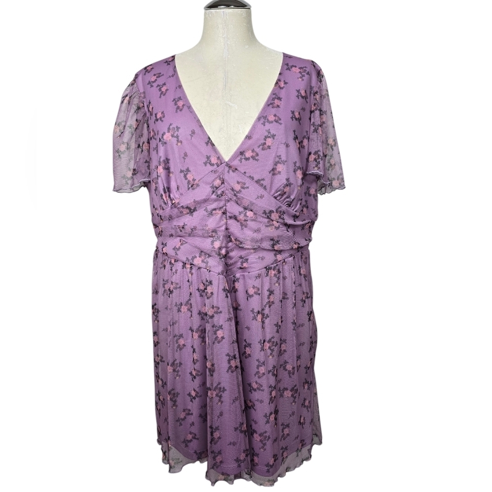 Asos Mesh Purple Floral V Neck Sheer Sleeves Mini Dress 14